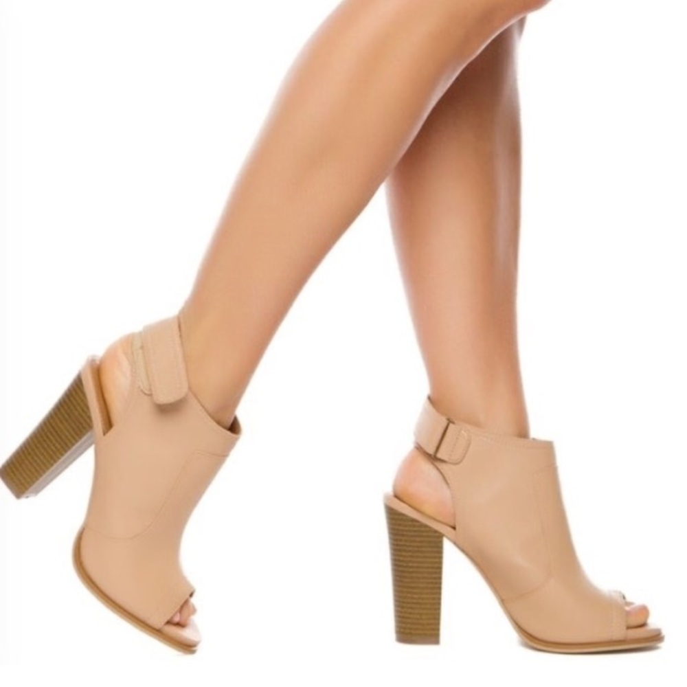 Tan peep toe chunky ankle strap heels